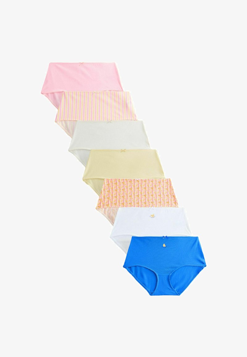 Sept paires de culottes en coton pour femmes de différentes couleurs et motifs, disposées en rangée verticale sur un fond blanc.