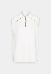 Witte mouwloze top met een geribbelde textuur, een brede kraag en een rits aan de voorkant met een ronde trekker. Eenvoudig ontwerp zonder patronen of accenten.