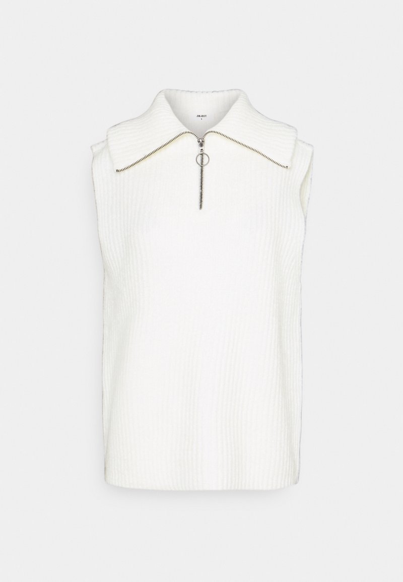 Witte mouwloze top met een geribbelde textuur, een brede kraag en een rits aan de voorkant met een ronde trekker. Eenvoudig ontwerp zonder patronen of accenten.