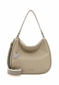 Beige leather handbag with a curved shape, subtle texture, silver hardware, and a multi-stripe woven strap. Features a zip closure and logo detail.