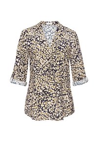 Marinebluse mit einem floralen Muster in Creme und Oliv. Mit V-Ausschnitt, aufgerollten Ärmeln und lockerer Passform. Aus leichtem Stoff gefertigt.