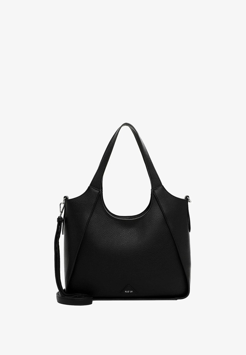 Melnas ādas rokassomu ar teksturētu apdari, kas aprīkota ar divām rokturiem un noņemamu krūšu siksnu. Priekšpusē ir trīsstūra logo.