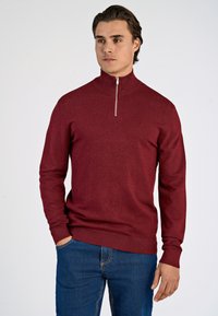Burgunderfarbener Pullover mit Reißverschluss und langen Ärmeln aus weichem Strickstoff, mit gerippten Bündchen und Saum, kombiniert mit blauen Jeans.