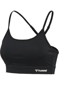 Zwarte sportbeha met dunne verstelbare bandjes, naadloos ontwerp en wit hummel-logo op de onderband.