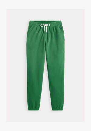 Zielone spodnie dresowe z polaru ze ściągaczem w talii w kolorze białym i niebieskim haftowanym logo na prawym kieszeni, pokazane na płasko na białym tle.
