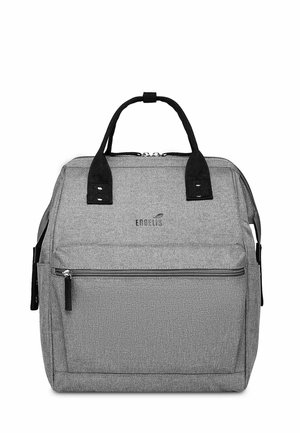 Gray fabric backpack with two black handles, front zip pocket, and brand logo centered above the pocket.