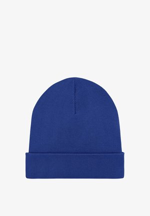 Blå strikket hue med ribbet kant, rundet top og glat tekstur. Designet til varme og komfort i koldere vejr.
