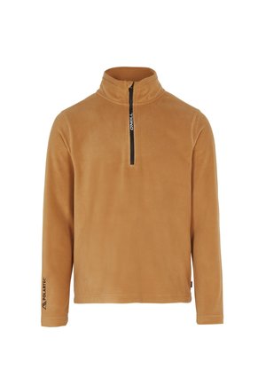 Pull polaire marron clair à manches longues, fermeture éclair noire devant et petit logo sur la fermeture éclair et le poignet gauche.