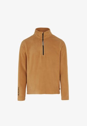 Pull polaire marron clair à manches longues, fermeture éclair noire devant et petit logo sur la fermeture éclair et le poignet gauche.