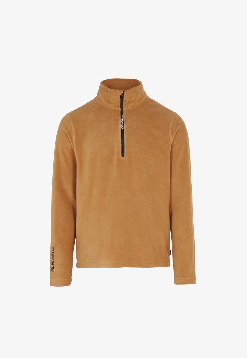 Pull polaire marron clair à manches longues, fermeture éclair noire devant et petit logo sur la fermeture éclair et le poignet gauche.