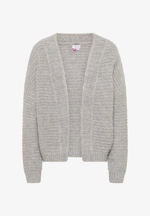Svetlošedý pletený kardigán s otvoreným predným dielom, rebrovanými manžetami a textúrovaným vzorom po celej ploche. Mäkký, hrubý materiál z vlnenej zmesi.