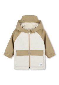 Giacca zip-up beige e crema con cappuccio, caratterizzata da maniche raglan, due tasche frontali e un rivestimento morbido.