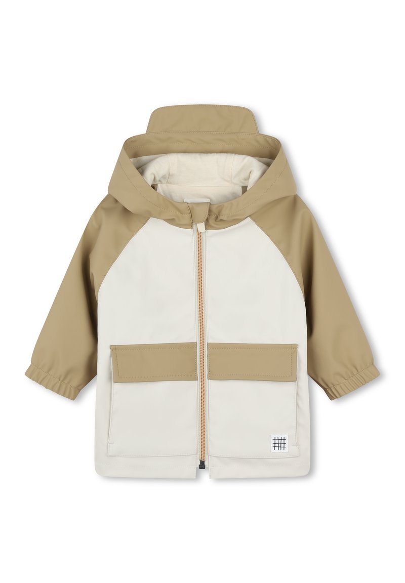 Giacca zip-up beige e crema con cappuccio, caratterizzata da maniche raglan, due tasche frontali e un rivestimento morbido.