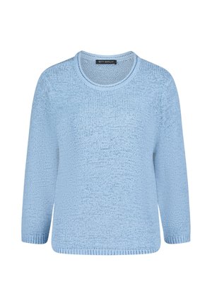 Pull tricoté bleu clair avec un col rond et des manches trois-quarts. Présente une coupe ample et une finition texturée.