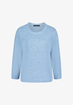 Pull tricoté bleu clair avec un col rond et des manches trois-quarts. Présente une coupe ample et une finition texturée.
