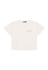 Crème korte mouw crop t-shirt van zachte katoen, met een gouden geborduurd logo op de linkerborst en een relaxte pasvorm.