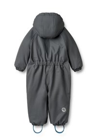 Sivý jednovrstvový detský overal na sneh z nepremokavého materiálu, vybavený kapucňou, elastickými manžetami a popruhmi na nohy. Hladká textúra s logom.