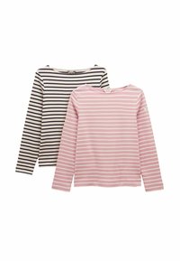 Dvoje košiel s dlhým rukávom; jedny sú čierno-biele pruhované, druhé sú svetloružové s bielymi pruhmi. Obe majú široký výstrih a mäkkú textúru.