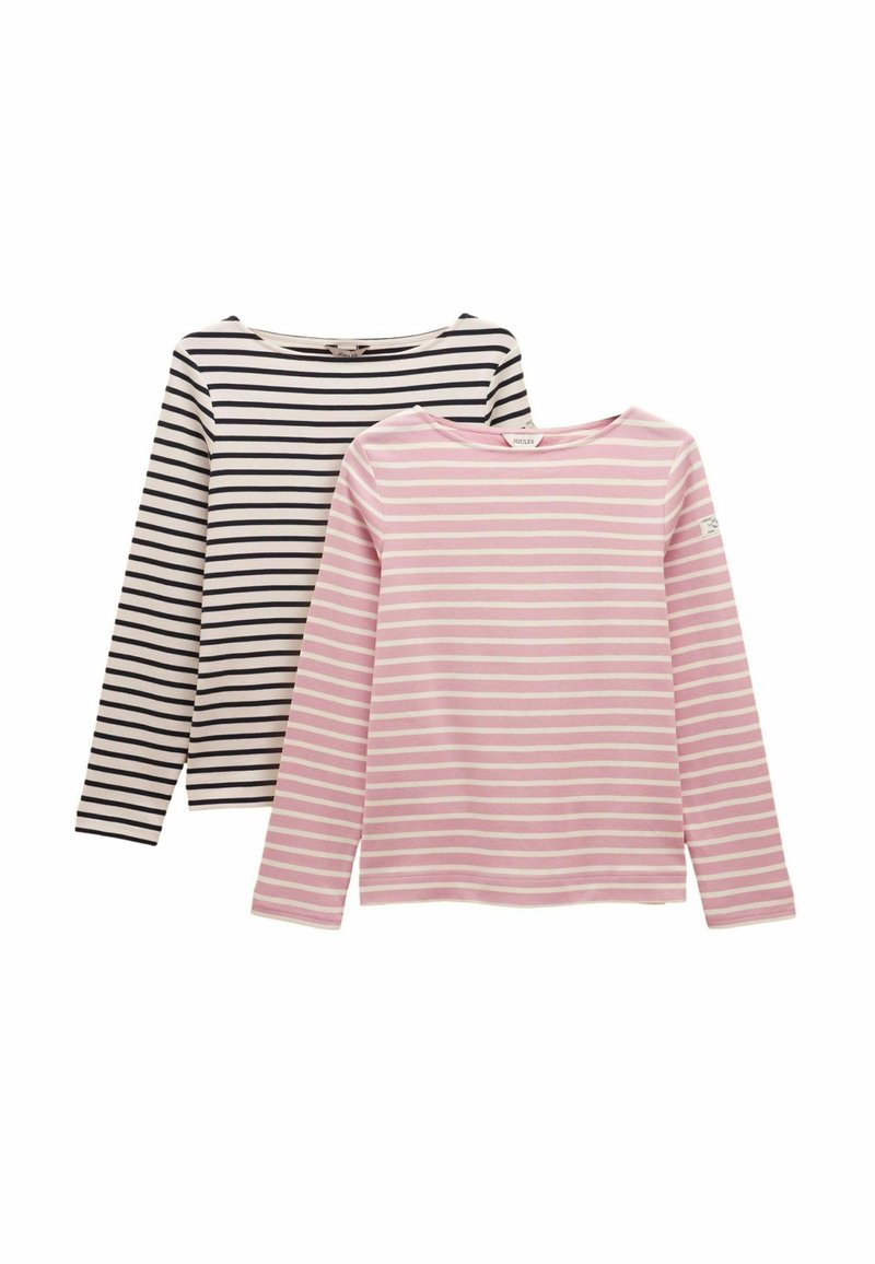 Dvoje košiel s dlhým rukávom; jedny sú čierno-biele pruhované, druhé sú svetloružové s bielymi pruhmi. Obe majú široký výstrih a mäkkú textúru.