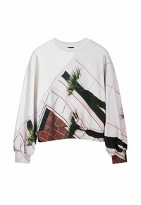 Sudadera cuello redondo de algodón blanco con un estampado geométrico de palmeras, medio diseño abstracto en tonos rosa y verde, corte oversize.