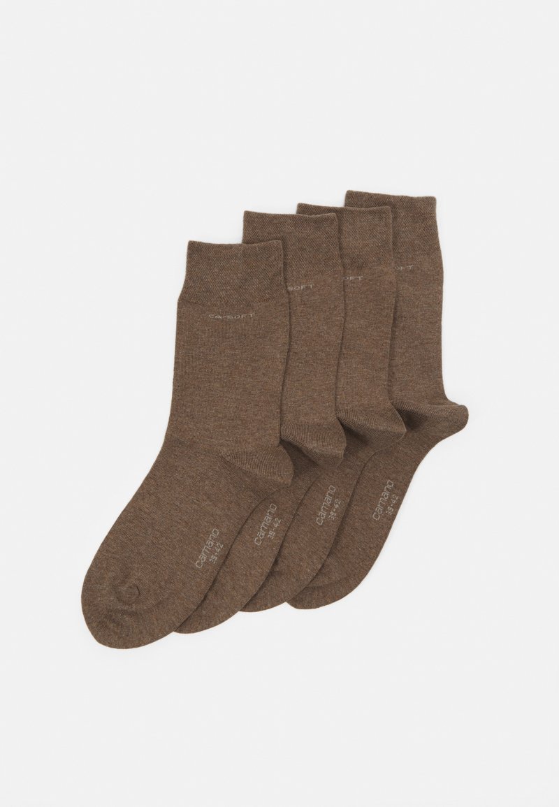 Chaussettes en coton marron, paquet de quatre, dotées d'une texture lisse, de côtes aux chevilles et d'une marque minimale sur le côté.