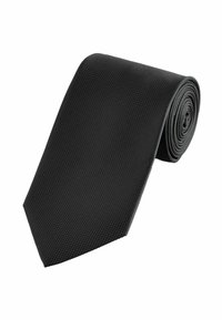 Cravate noire texturée, avec un design étroit et uni. Fabriquée en tissu tissé, elle s'enroule facilement pour le rangement, mettant en valeur un motif subtil.