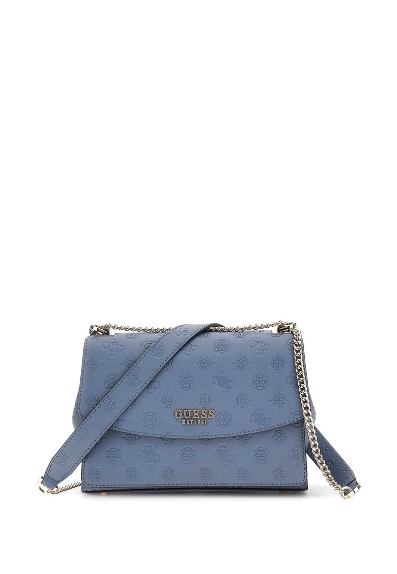 Sinine kunstnahast õlakott lilledega reljeefmustriga, hõbedase tooni kettstrap ja kuldne logo ees. Omab klapiga sulgemist.