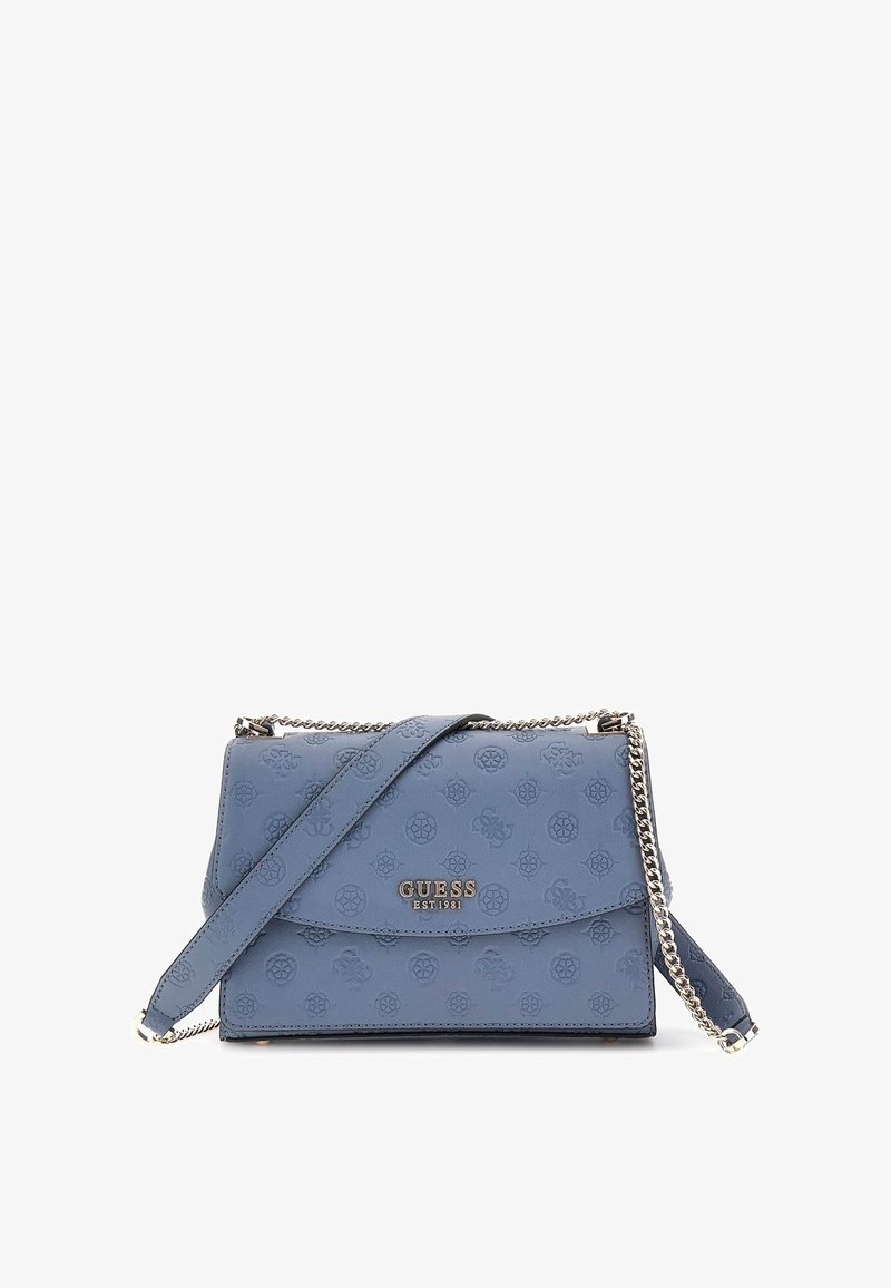 Borsa a tracolla blu in ecopelle con embossing floreale, tracolla a catena in tonalità argento e logo dorato sul davanti. Caratterizzata da chiusura a patta.