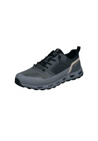 Gray and black athletic sneaker with mesh upper, black laces, cushioned sole, and "SALAMANDER" branding on the heel side.