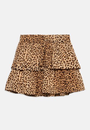 Minirock mit Leopardenmuster, gestuftem Schnitt, elastischem Bund und mehrlagigem Volant-Design in Braun- und Beigetönen.