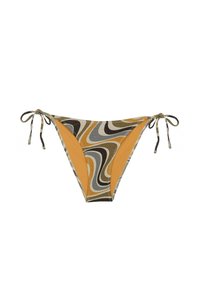 Bikini de parte inferior con tiras atadas a los lados, que presenta un patrón ondulado multicolor en gris, marrón y naranja. Textura suave, cobertura moderada.