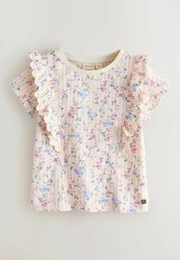 Maglietta a maniche corte per bambini con righe verticali rosa, stampa floreale blu e rosa e bordo arricciato lungo la parte anteriore e le spalle.