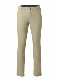 Khaki gekleurde broeken van lichte stof, met een recht model, een knoopsluiting en voorzakken.