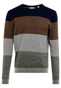 Neulepusero, jossa on pyöreä pääntie, värilohkoasu tummansinisen, ruskean, harmaan, valkoisen ja mustan sävyissä, sekä joustavat hihansuut ja helma.