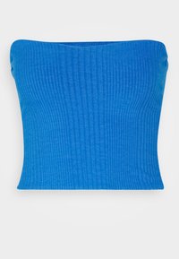 Blå ribbad bandeau-topp med en figurnära design, slät textur och enfärgad. Den har en rak skärning vid halsringningen och nederkanten.