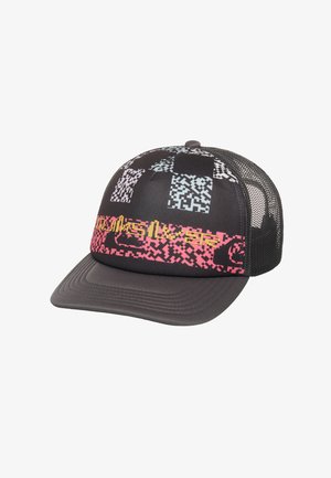 Casquette de baseball en mesh noir avec un motif pixel numérique en blanc et rose, et un texte jaune sur le panneau avant.