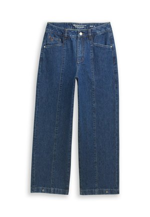 Weite, dunkelblaue Jeans mit fünf Taschen, Knopfverschluss und sichtbaren Nähten. Bietet eine gerade Silhouette und einen verkürzten Saum.