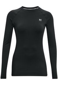 Czarna koszulka sportowa z długim rękawem, o okrągłym dekolcie i dopasowanym kroju, wykonana z gładkiego, elastycznego materiału. Posiada logo na klatce piersiowej.