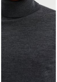 Dark gray turtleneck sweater in a soft, textured knit. Features a fitted design with a high collar and minimal detailing.