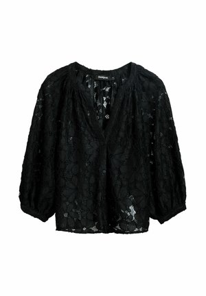 Blouse noire en dentelle avec un motif floral, devant à boutons et manches bouffantes. Présente un col rond et une texture légère.