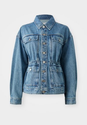 Light blue denim jacket with a collared neckline, front pockets, and elastic waist. Features silver buttons and a relaxed fit.