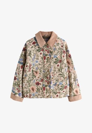 Giacca beige con ricami floreali e di insetti, collo e polsini in velluto a coste marrone, chiusura frontale con bottoni e due tasche frontali.