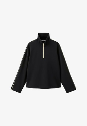 Pull-over noir à manches longues avec un col montant, une fermeture à glissière partielle à l'avant et de fines rayures contrastantes courant le long des manches.