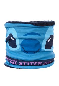 Gaiter en tissu bleu avec un design de visage de personnage de bande dessinée, des accents bleu foncé et un logo rose "STITCH STITCH" en bas.