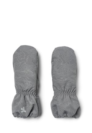 Paire de moufles d'hiver grises avec des bandes élastiques aux poignets et des motifs subtils de lignes topographiques, posées à plat sur un fond blanc.