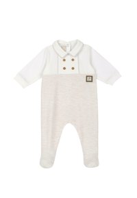 Rompers pour bébé blanc et beige, à manches longues, col avec boutons, couture décorative, tissu doux, arborant un petit emblème sur le devant.