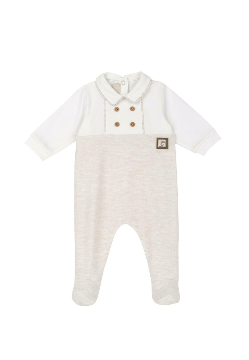 Rompers pour bébé blanc et beige, à manches longues, col avec boutons, couture décorative, tissu doux, arborant un petit emblème sur le devant.