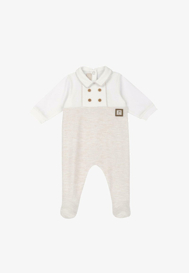 Rompers pour bébé blanc et beige, à manches longues, col avec boutons, couture décorative, tissu doux, arborant un petit emblème sur le devant.