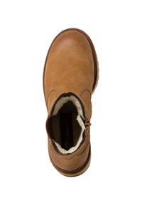 Bottine en cuir beige avec une doublure en suède, bout arrondi et fermeture éclair sur le côté. Présente une surface texturée et une semelle en caoutchouc épaisse.