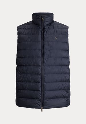Veste sans manches matelassée bleu marine avec fermeture éclair à l'avant et col montant, avec un petit logo brodé sur la poitrine gauche.